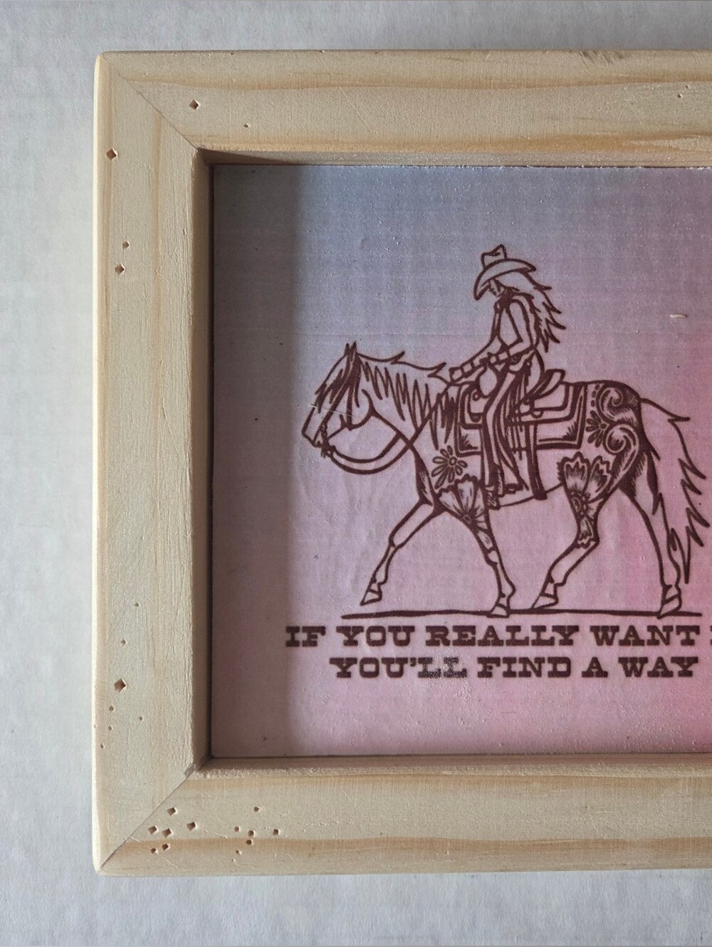 Neutral Wood Frame with Pink Gradient Horse Art